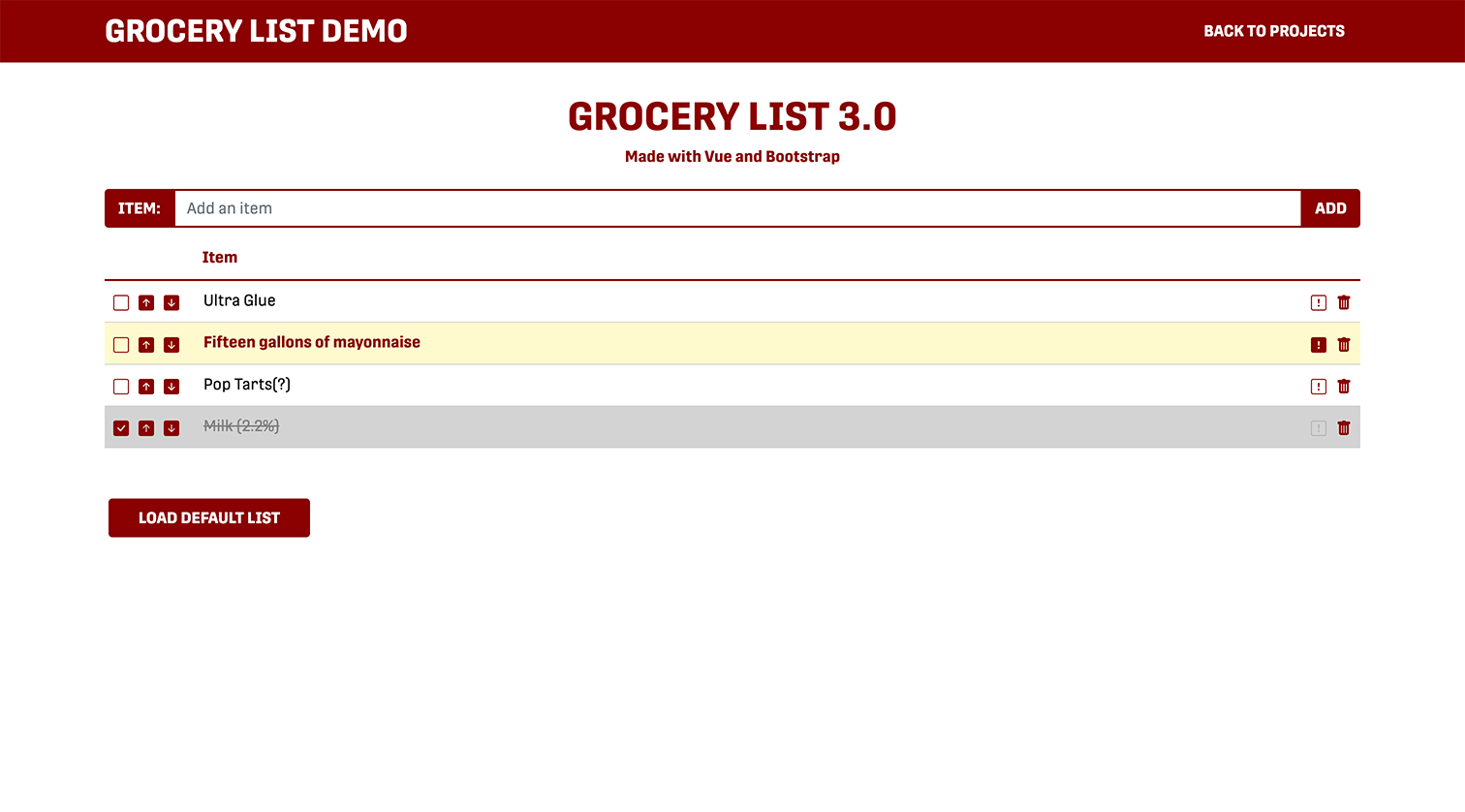 Screenshot of grocery list website